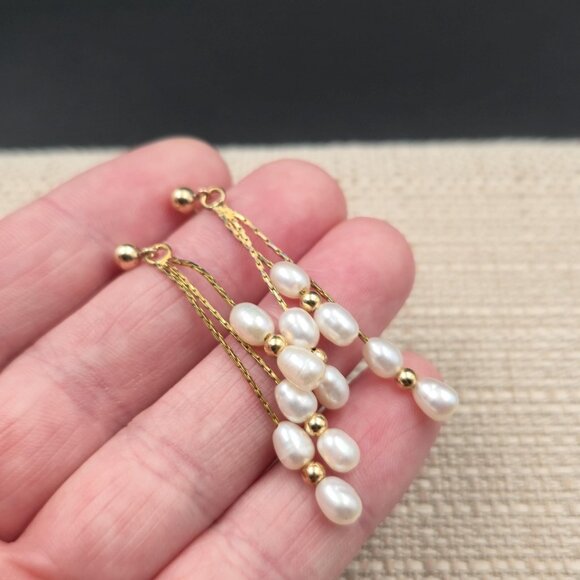 Gold Plated Genuine White Pearl Chain Earrings A6262 - Picture 2 of 5
